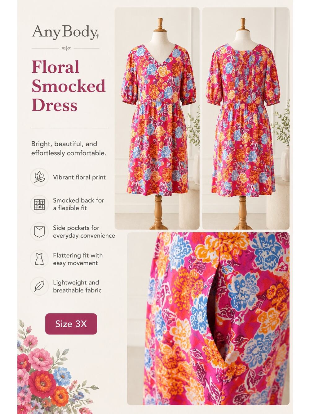 AnyBody 3X Floral Smocked Back Dress Pink Orange Blue Pockets Boho Plus Size